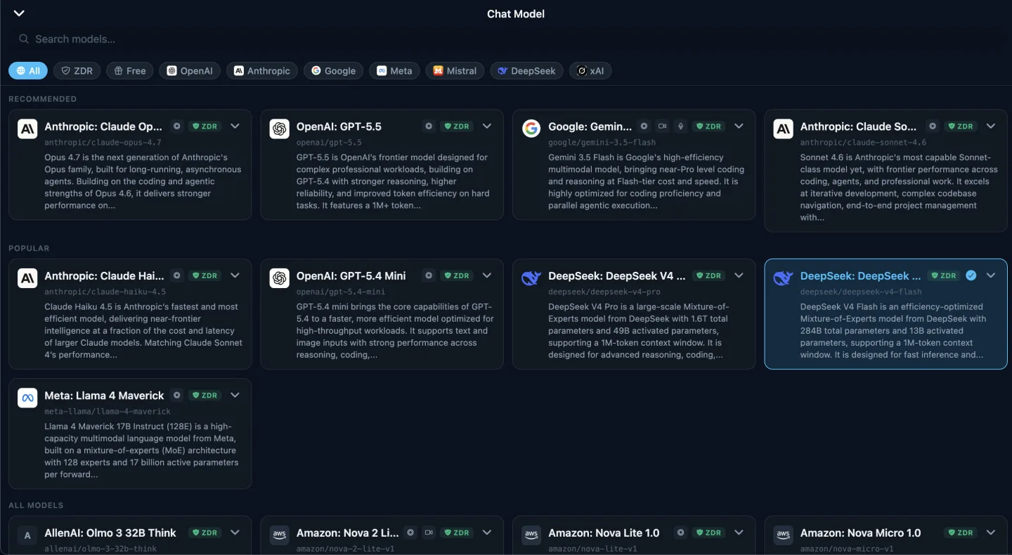 Privateer model picker with hundreds of AI models