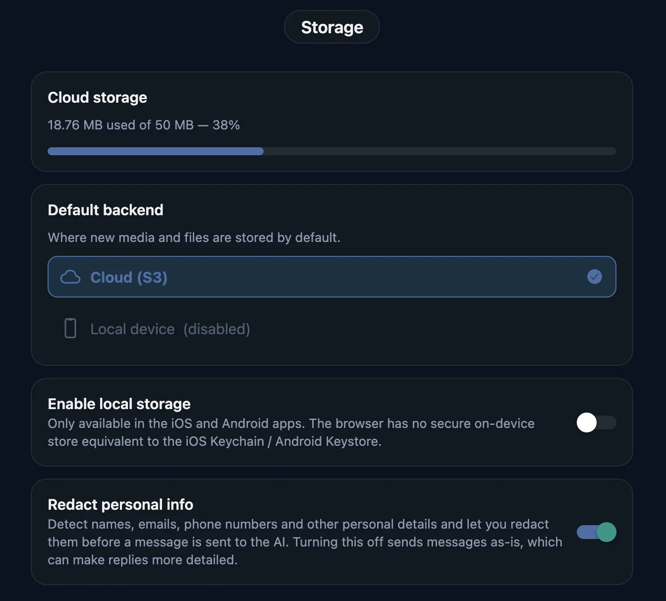 Privateer storage settings: cloud or on-device, encrypted